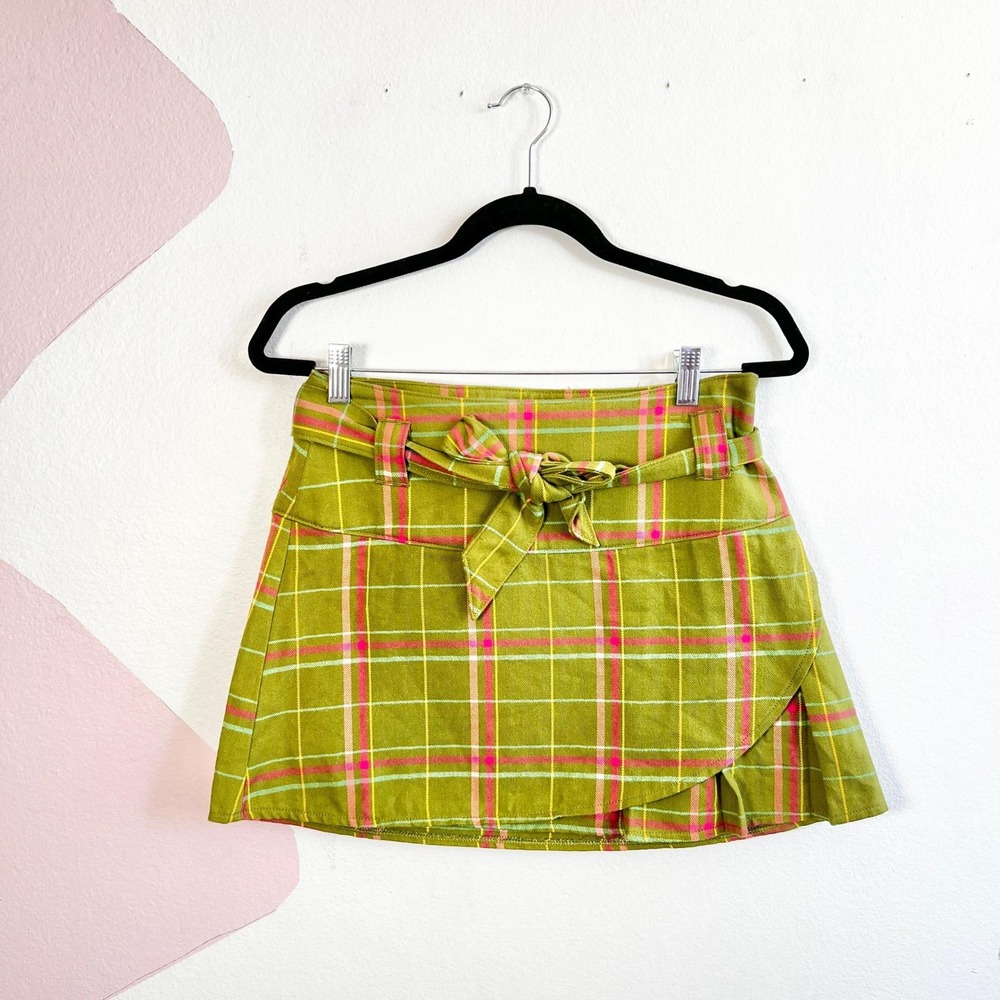 Vtg Y2k Plaid Mini Skirt Size 1‎ Green Pink Grunge 90s